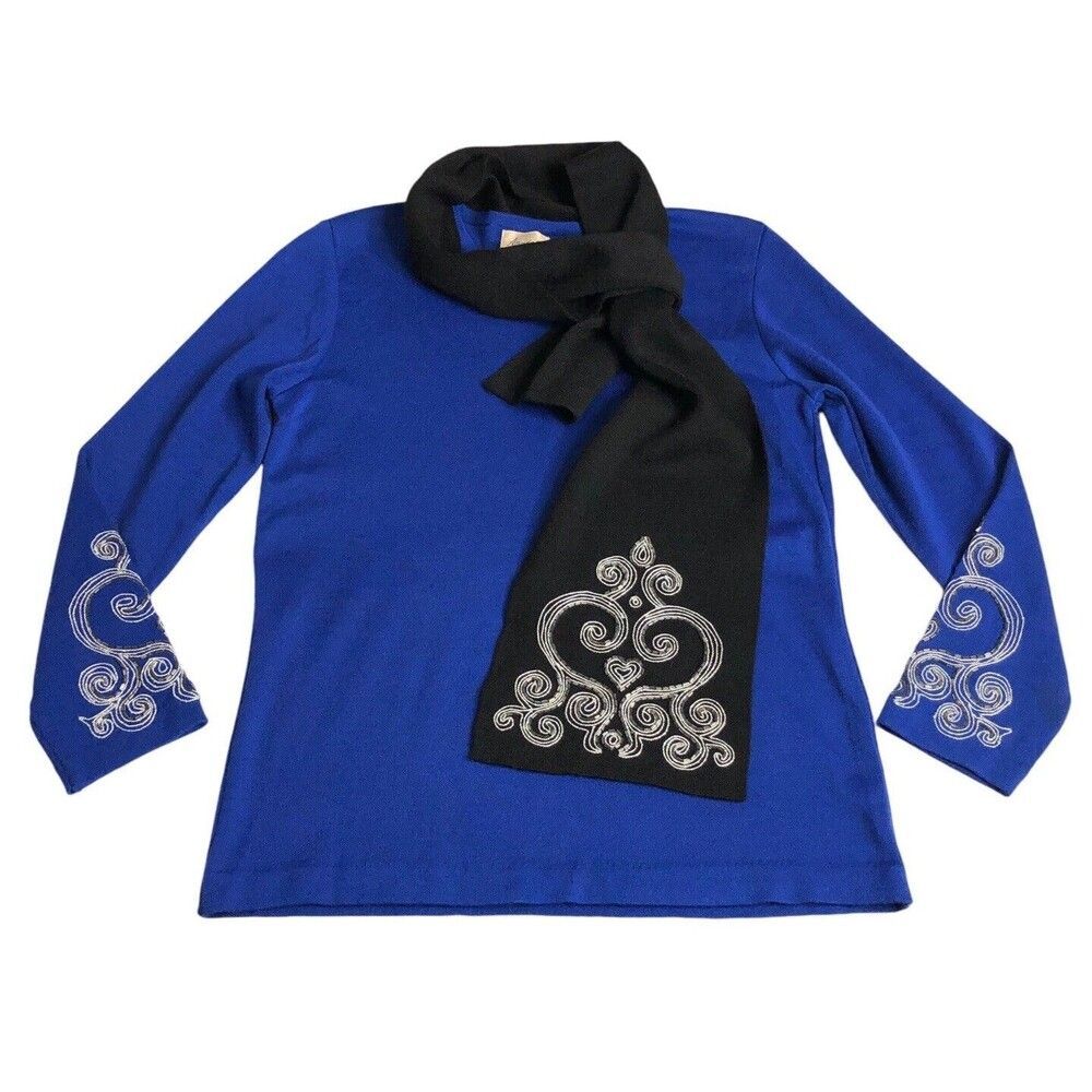 Vintage Ann Wi Sweater Womens S Blue Beaded Geometric‎ Wool Blend Attached Scarf